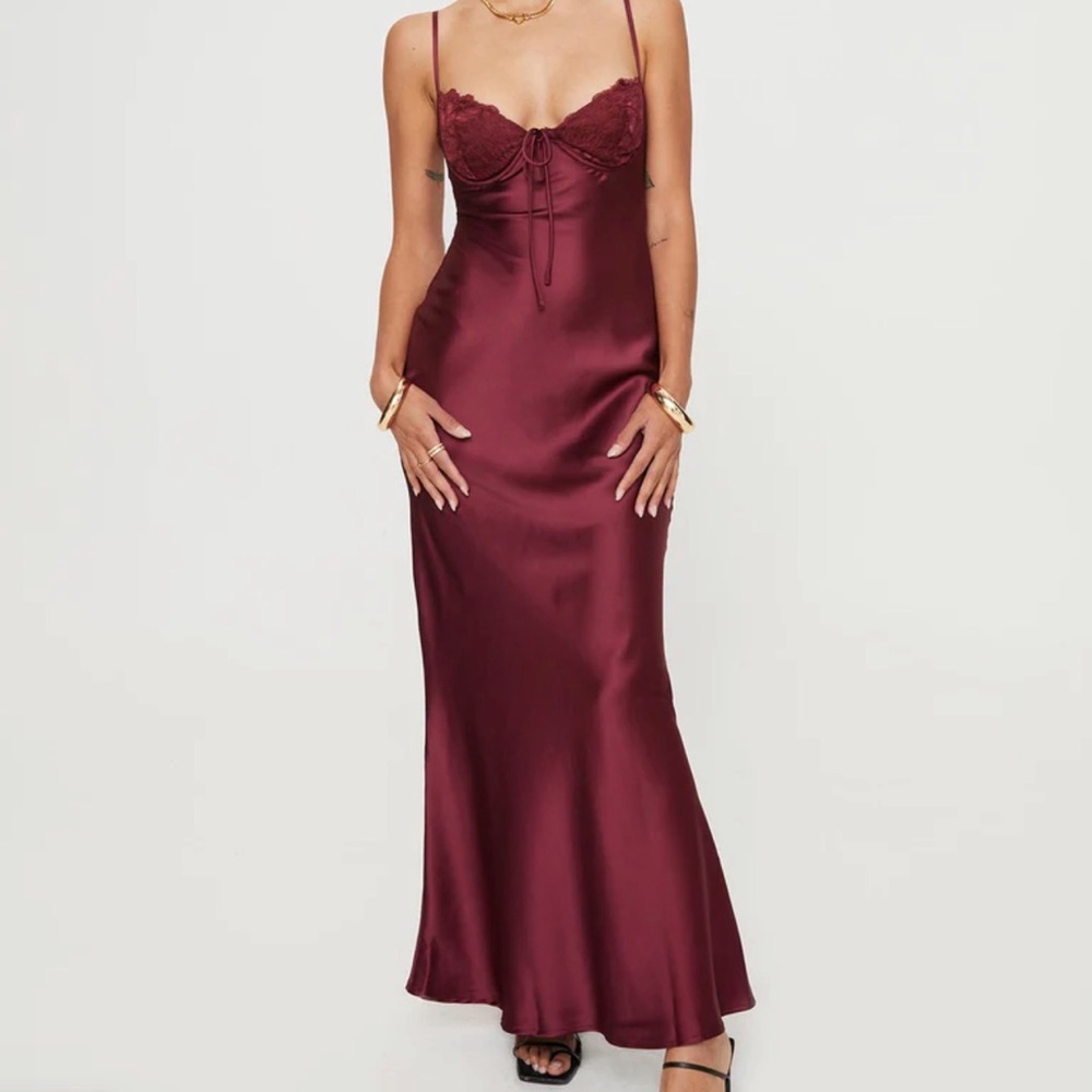 Princess Polly Satin Lace-Trim Maxi Dress in Burgundy